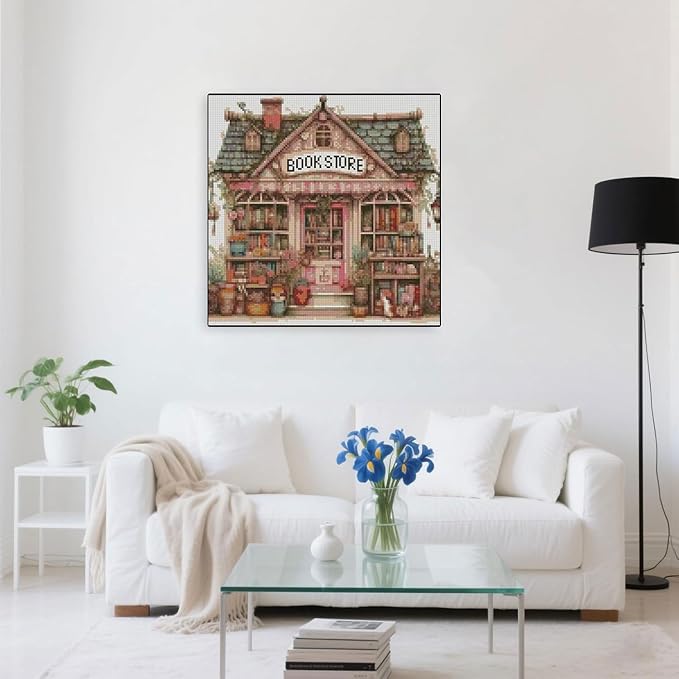MYBISYMQQ Book Store Cross Stitch Kits for Adults,11CT Stamped Cross Stitch Kits for Beginner,DIY Needlepoint Embroidery Patterns Kits Embroidery Patterns for Home Wall Decor 13.7x13.7 inches