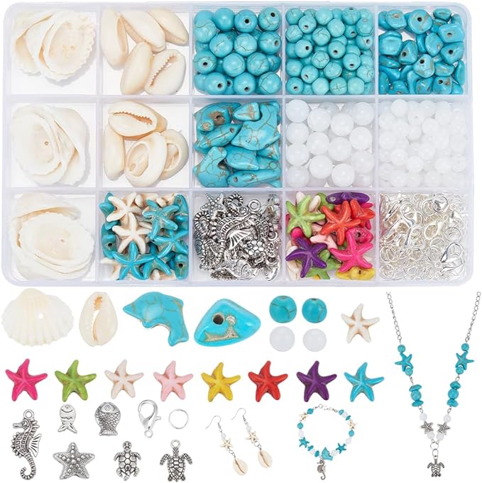 PH PandaHall Ocean Jewelry Making Kit - Starfish, Seashell, Synthetic Turquoise, Tortoise, Fish, Cowrie Shell Beads for Summer Beach Necklace, Earring, Bracelet, Anklet Jewelry Making (406pcs)