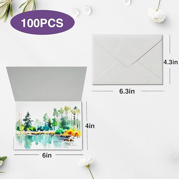 50 Pack Foldable Blank Watercolor Cards with Envelopes 4 x 6 Inch, 140lb Heavyweight, 100% Cotton, White, Acid-Free Water color Cards to Paint or Cards Making for Christmas Birthday