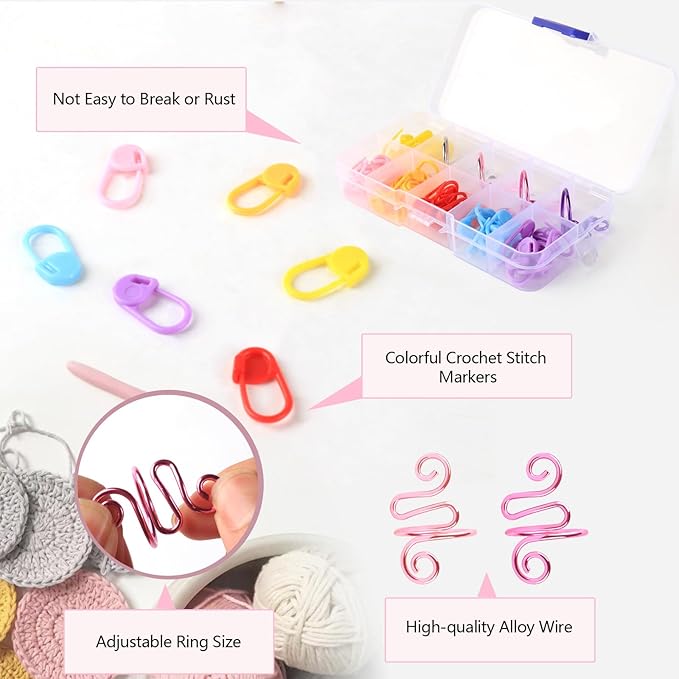 LBU 4Pcs Crochet Ring + 60Pcs Stitch Markers Adjustable Crochet Tension Rings for Finger Handmade Open Yarn Guide Crocheting Rings Knitting Accessories with Box Crochet Gifts for Women Mom Crocheters