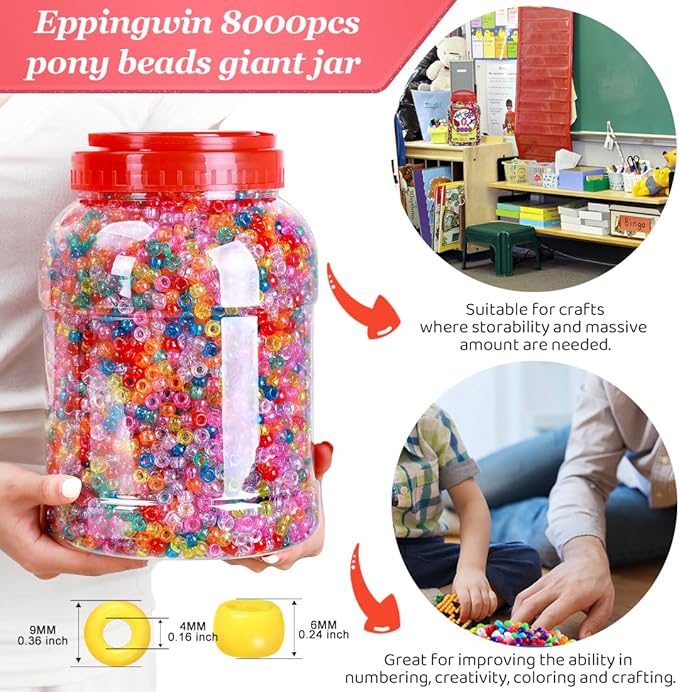 eppingwin 8000+pcs wholesale large pony beads (6x9 mm) bucket, easy storage kandi bead bulk, beads for jewelry making, crafts(glitter)