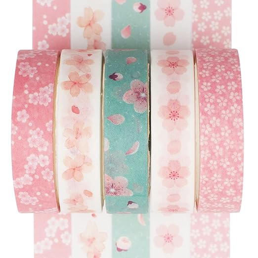 YUBX 5 Rolls Washi Tape Set Creative Basic Skinny Decorative Tapes for Arts, DIY Crafts, Journals, Planners, Scrapbooking, Wrapping (Sakura)