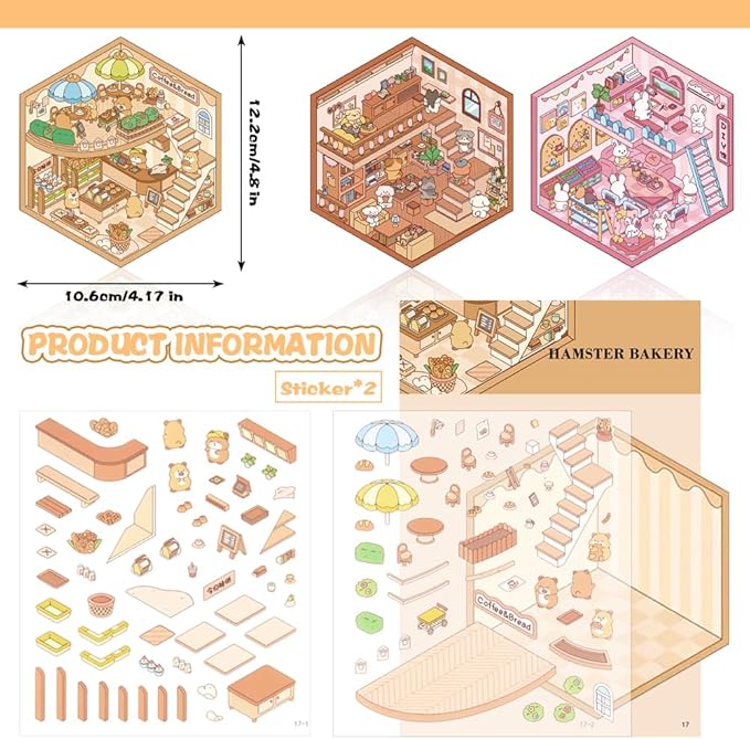 Scrapbooking Supplies Kit,DIY 3D Stickers Scene,3 Set Funny DIY Sticker Scenes,Make Your Own Cute 3D Miniature Room Scene Stickers for Adults Relief Stress Pass The Time.18-19-20