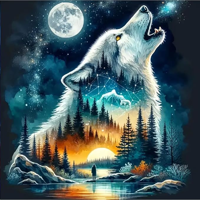 STGLCR Wolf Diamond Art Kits for Adults, Wolf Moon Diamond Painting Kits for Adults Beginners, DIY 5D Forest Diamond Painting with Round Gem Art Kits for Adult for Gift Home Wall Decor 12x12 Inch