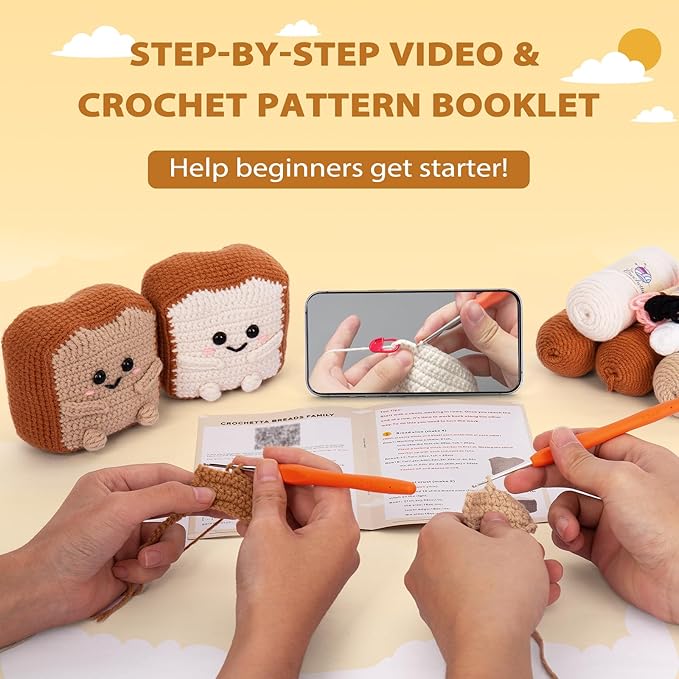 Crochetta Crochet Kit for Beginners, Amigurumi Crocheting Animals Kits w Step-by-Step Video Tutorials, Knitting Starter Pack for Adults and Kids, Jumbo 2 Breads Familly (40%+ Yarn Content)