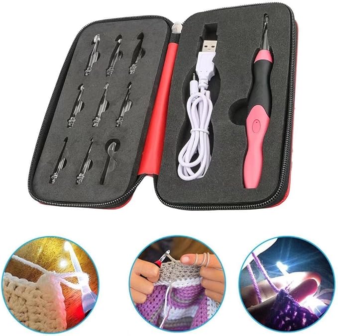 9 Sizes Crochet Hook Set: Interchangeable Crochet Hooks with Light - Light Up Crochet Hooks for Stitch & Row Counter, DIY Craft Supplies,Yarn Crochet Kit for Beginners (2.5mm to 6.5mm Heads)