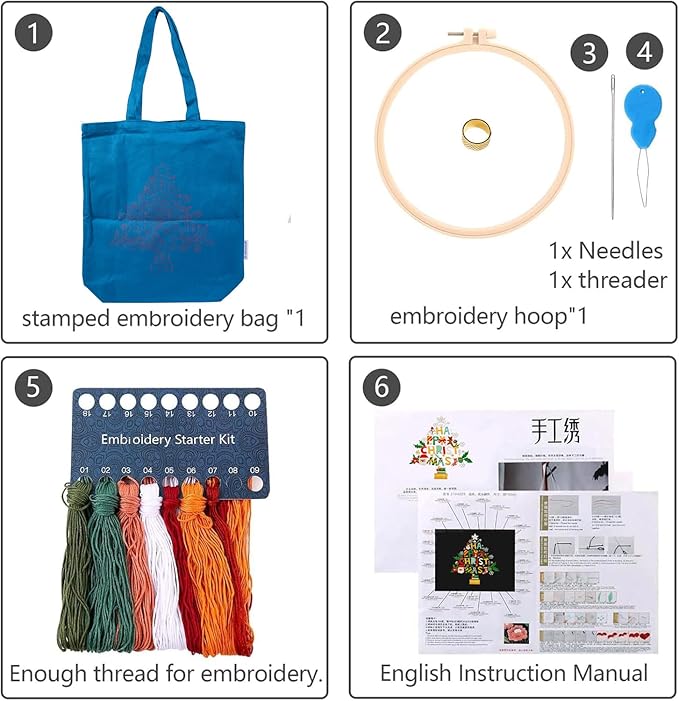 CREAWONDER Canvas Tote Bag Embroidery Kit with Pattern for Beginners, Arts and DIY Embroidery Crafts Kits for Adults, Include Instructions, Thimble, Embroidery Hoops, Color Threads and Tool