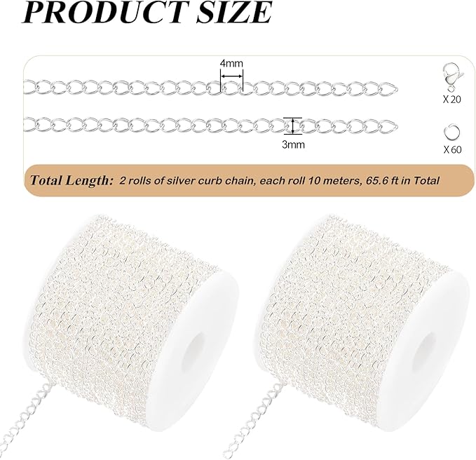 2 Rolls Total 65.6 Feet Silver Jewelry Chains Stainless Steel Necklace Bracelet Curb Chain Bulk for Jewelry Making DIY Craft with Lobster Clasps Jump Rings