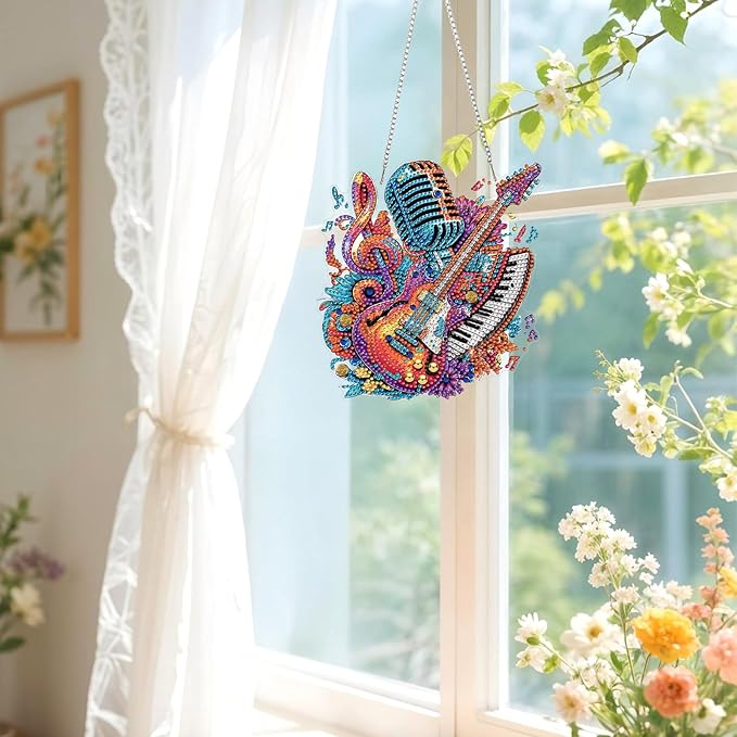 Lxmsja DIY Electric Guitar Diamond Painting Hanging Ornament, Double-Sided Acrylic Musical Notes Diamond Art Kit, Special Shaped Suncatcher Hanging Pendant Window Art Kit