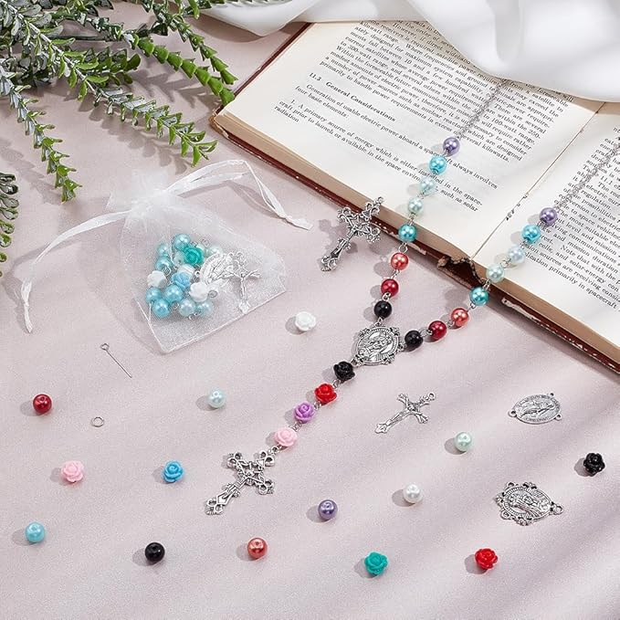 PH PandaHall 767pcs Rosary Jewelry Making Kit Prayer Necklace Supplies 8mm Round Pearl Beads Cross Charms Pendants Flower Rose Beads for Rosary Bracelet Necklace Earring Easter Ramadan Jewelry Making