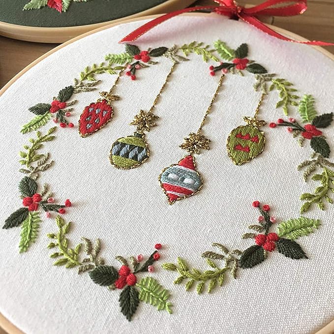Embroidery Kit Christmas Ornaments Leaf Wreath Awesocrafts Full Range of Embroidery Starter Beginners Adults DIY Handmade Easy Patterns (Ornaments)