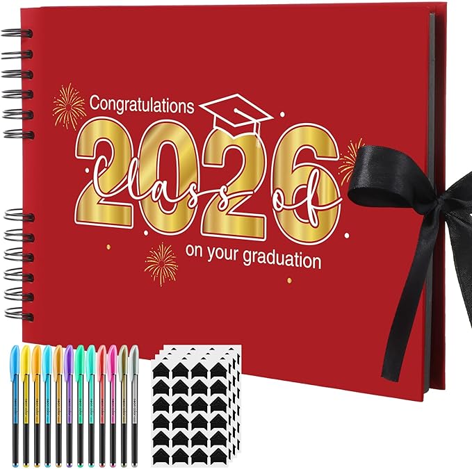 80 Pages Graduation Scrapbook Kit 11 x 8 Inch Photo Album of 2026 Graduation Decoration with 12 Metal Pens and 4 Sheets Stickers for DIY School Congrats Grad Memory Book to Sign(Red)