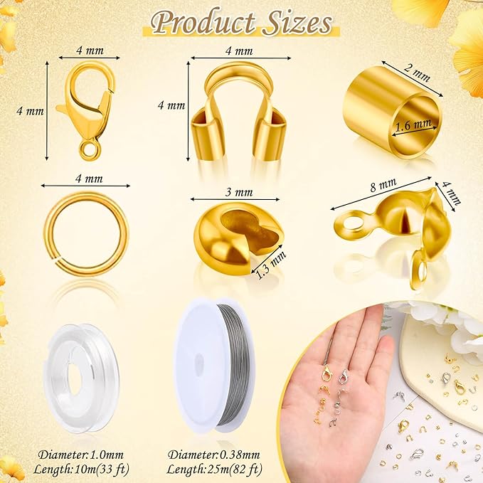 1200Pcs Crimp Beads Supplies for Jewelry Making, Including Crimp covers, Crimp Tubes, Bracelet Clasps and Closures, Crimp Ends, Jump Rings, Crimping Pliers and Beading Wire for Bracelets Making