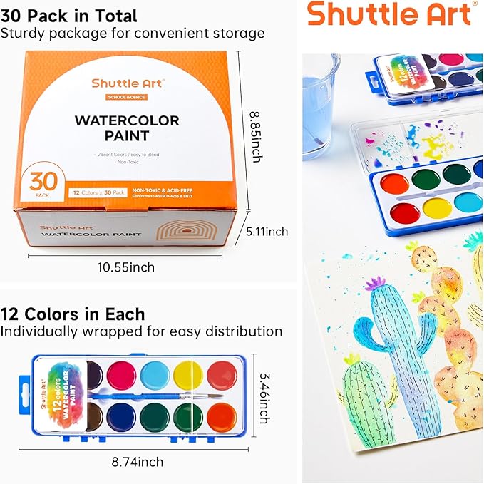 Shuttle Art 30 Pack Watercolor Paint Set Bulk, 12 Colors Watercolor Paint Set bulk with Paint Brushes for Kids and Adults, Washable Paint for Classroom, Parties, Kindergarten and Art Activities