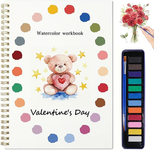 Watercolor Workbook, Water Coloring Book, 12 Different Patterns of Original DIY Designs, 12 Colors Watercolor Paint Set with Palette and Brush, Beginner-Friendly Watercolor Workbooks（Valentine's Day）