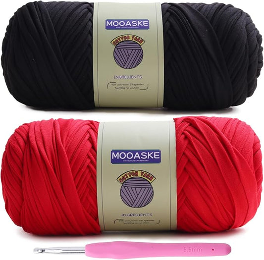 2 Pack T-Shirt Crochet Yarn for DIY Knitting Crochet Cloth Blanket Bag Dolls - 400g Chunky Thick Yarn for Crocheting with Polyester-Spandex Blend Elastic Fabric (Black + Red)