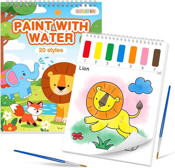 SOCOLER Paint with Water Coloring Books for Kids,Mess Free Watercolor Painting Papers Sets for Toddlers,Water Color Paint Kit,Art Craft Birthday Gift for Ages 1-3, 4-8(Animal)