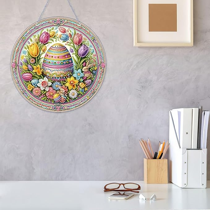 VODAPYC Easter Diamond Art Hanging Kits for Adults, DIY Double Sided Partial Special Shaped Diamond Art Window Pendant Ornament(Easter Flower Egg)