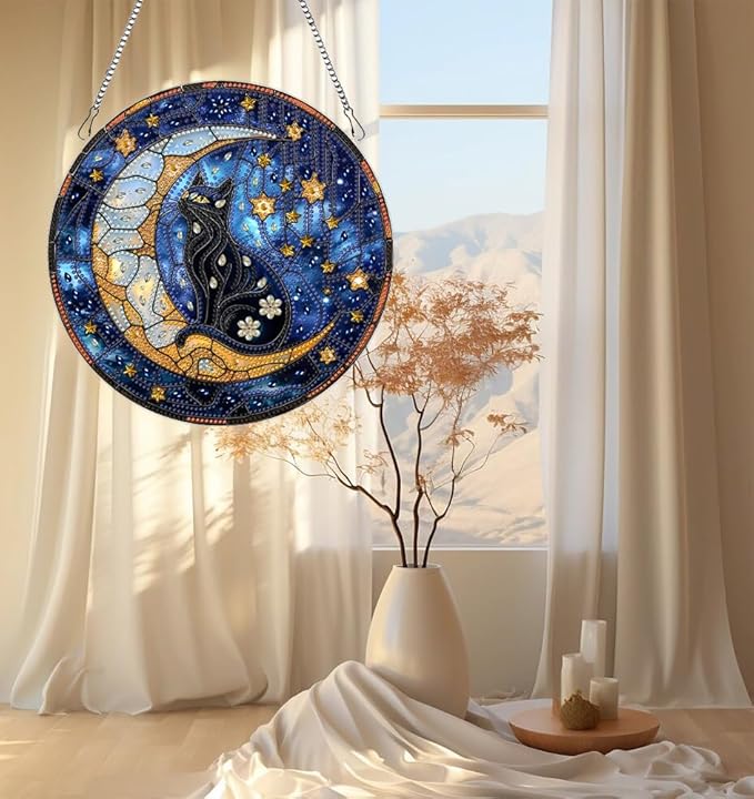 hyzsj DIY Hanging Diamond Art Pendant Painting Kit Cat,Acrylic 5D Moon Painting Window Pendants, Special Crystal Gem Craft Painting Kit Ornament