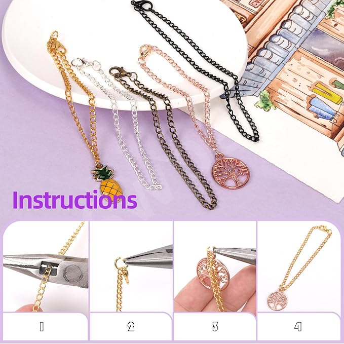 Swpeet 102Pcs Rose Gold 3mm by 10 Yard Length Jewelry Making Chains Kit with Jump Rings, Lobster Clasps and Jewelry Plier, Necklace Chains Flat Cable Link Chain Bulk Ideal for DIY Craft Jewel Making
