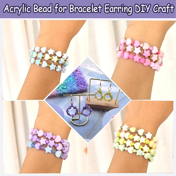 1000Pcs Matte Acrylic Star Beads Hart Beads for Jewelry Making, Macaron Colors Frosted Pastel Bead Colorful Assorted Cute Aesthetic Kawaii Bead for Bracelet DIY Craft Earring Phone Charm