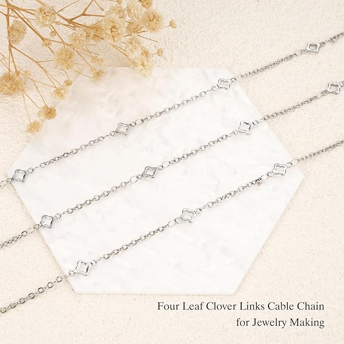 GTVOODX 16.4 Feet Four Leaf Clover Links Cable Chain for Jewelry Making Silver Stainless Steel Chain Spool Bulk for DIY Bracelet Necklace with 10 Lobster Clasps and 30 Jump Rings