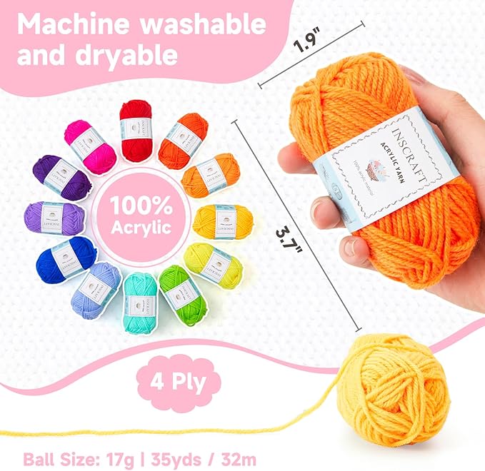 INSCRAFT 48 PCS Crochet Yarn Kit, 1400 Yards 40 Colors Acrylic Yarn Skeins, 2 Crochet Hooks, 2 Weaving Needles, 4 Stitch Markers, 1 Bag, for Crocheting & Knitting, Gift for Beginners and Adults