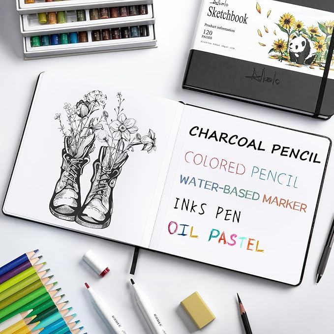 ALKALO Square Sketchbook for Drawing, 120 Pages Sketch Book, 122LB/180GSM Thick Paper, Mixed Media Sketchbook for Charcoal Pencil, Inks Pen, Colored Pencil, Acrylic Marker, Oil Pastel