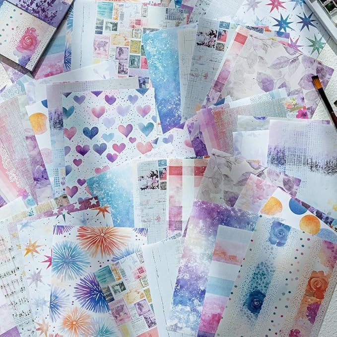 100 Sheets Watercolor Scrapbook Paper for Scrapbooking, Purple Collage Background Decorative Paper for Journaling, Junk Journal Supplies, Scrap Book, Decoupage, 3.9 x 5.5"