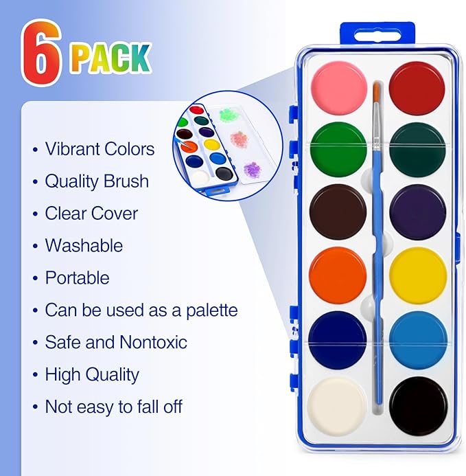 6 pack watercolor paint set for kids, 12 colors watercolors paints with paint brush, kids watercolor paint set for party favor, classroom.