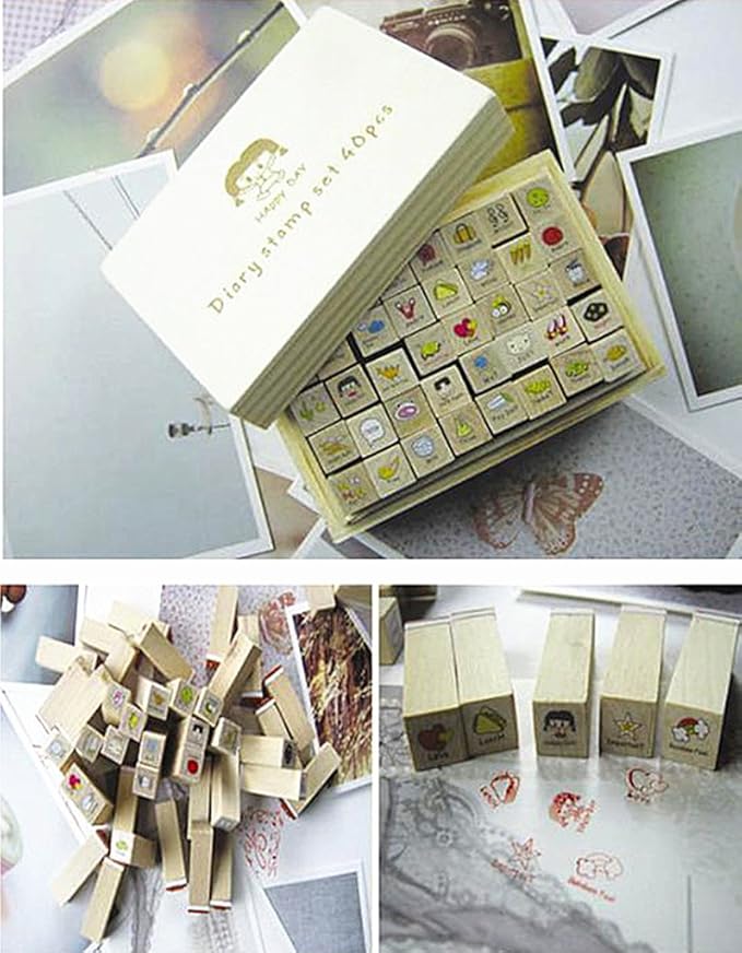 Diary Stamp Set,Wooden Rubber Signet for Children DIY Scrapbooking Planner Card Making(40pcs,Happy Day)