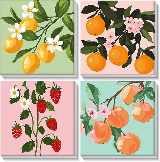 Lxmsja 4 Pack Fresh Fruit Harvest Paint by Numbers Kit for Adults, Easy Framed Paint by Numbers for Adults Beginner, DIY Acrylic Oil Painting Craft Kits for Home Wall Decor 8x8 inch