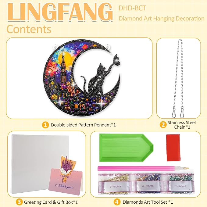 Diamond Art Hanging Kit for Adult, Diamond Painting Ornament Hanging Kit, Special Shaped Rhinestone,DIY Acrylic 5D Art Window Pendants Home Garden Wall Kits,Double Sided (Cat)