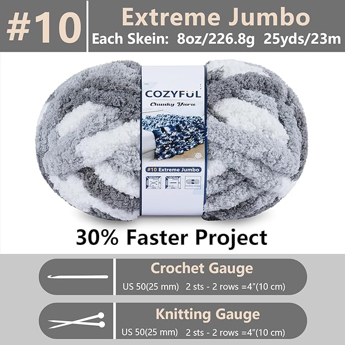 Chunky Yarn for Hand Knitting - #10 Chunky Chenille Blanket Yarn, Jumbo Big Thick Chunky Yarns for Crocheting, Tie Dye Bulky Knit Yarns, 8 Skein (25 yds 8 oz Each Skein), Multi Grey&White
