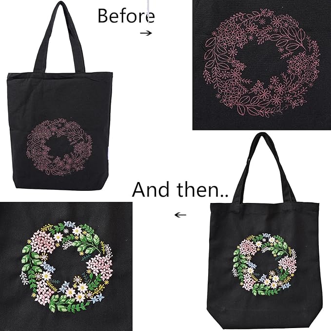 CREAWONDER Canvas Tote Bag Embroidery Kit with Pattern for Beginners, Arts and DIY Embroidery Crafts Kits for Adults, Include Instructions, Thimble, Embroidery Hoops, Color Threads and Tool