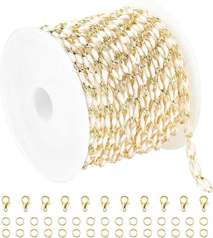 White Enamel Cable Chain Customize Necklace DIY Jewelry Chain Roll, 2 Meters Gold Plated Brass Chain with Jump Rings and Lobster Clasps