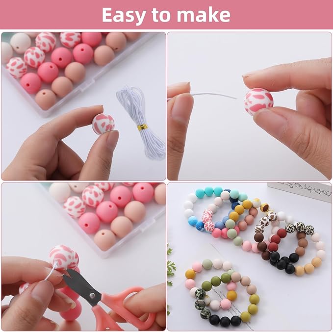 96Pcs Silicone Beads for Bracelets with 4Pcs Wooden Bead and Elastic 2 Strings,15mm Silicone Beads Bulk Petal Bracelet Making Kit Focal Bead for Pens Keychain Making Kit