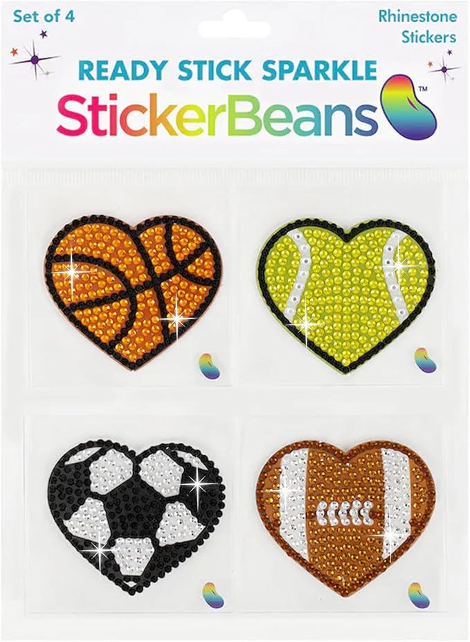 stickerbeans® rhinestone stickers - sporty 4-pack, 2” x 2” each, unique sparkly cut-to-shape for collecting, trading, decorating laptops, phone cases, scrapbooks - for kids, teens, & adults
