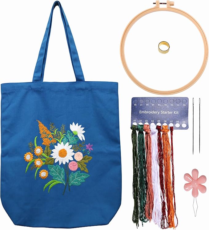 Canvas Tote Bag Embroidery Kit with Pattern for Beginners, Arts and DIY Embroidery Crafts Kits for Adults, Instructions, thimble, Embroidery Hoops, Color Threads (darkblue, CR002 chenhuicaoxin)