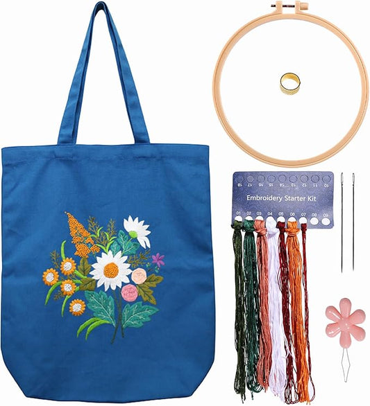 Canvas Tote Bag Embroidery Kit with Pattern for Beginners, Arts and DIY Embroidery Crafts Kits for Adults, Instructions, thimble, Embroidery Hoops, Color Threads (darkblue, CR002 chenhuicaoxin)