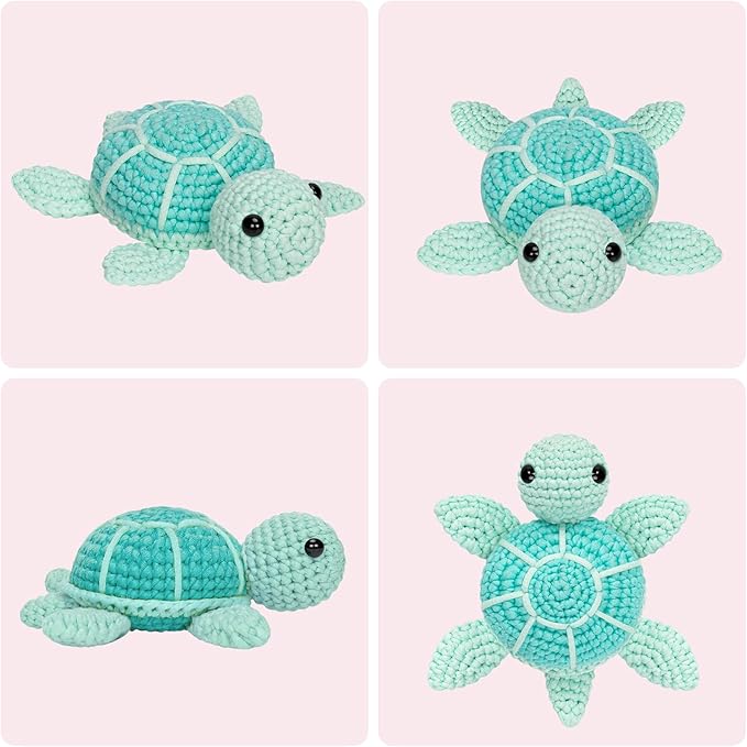 Mewaii Crochet Kit for Beginners Level 1 with 40% Extra Eco-Friendly Pre-Started Easy Yarn, Step-by-Step Video Tutorials for Adults and Kids (Blue Sea Turtle)