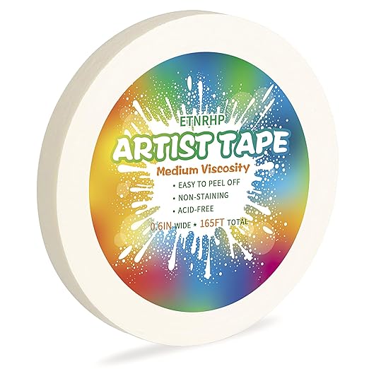 White Art Tape Medium Tack Artist Masking Tape Paper Acid Free Tape Watercolor Painters Tape Artists Tape for Drafting Art Watercolor Painting Canvas Framing, 0.6 inch Wide 165FT Long