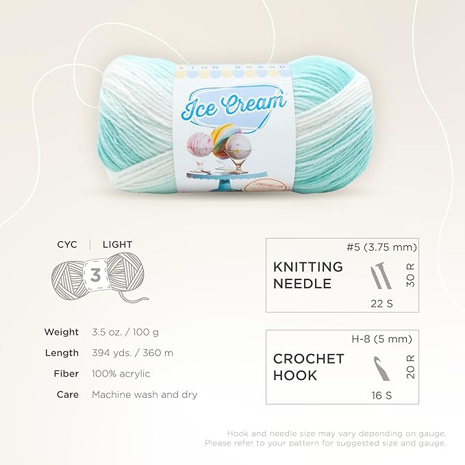 Lion Brand Yarn, Ice Cream Baby Yarn for Knitting, Crochet, and Crafts, Mint, 3 Pack, DK Weight Colorful Acrylic Fiber for Baby Blankets, Hats, and Sweaters