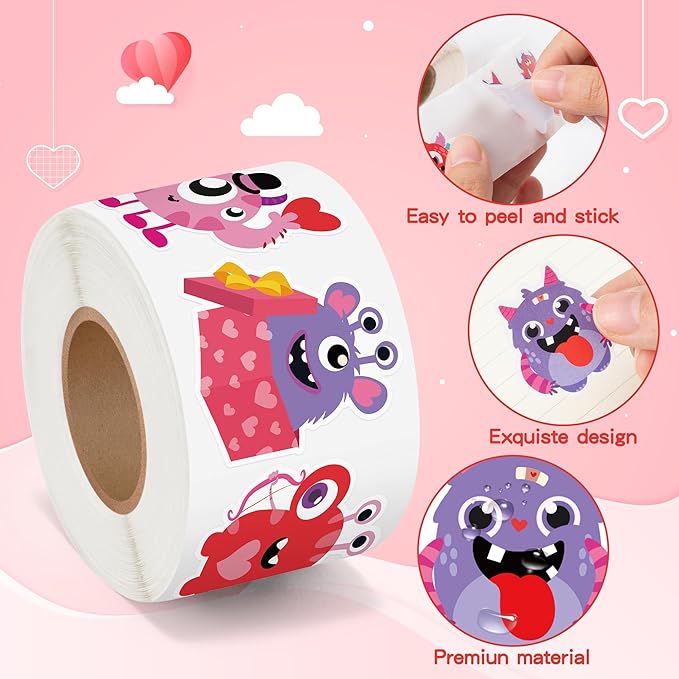 beyumi valentine red monster sticker - 1000pcs valentine's day cute monster stickers in 2 rolls adhesive decorative sticker valentine waterproof decal greeting card envelope party gift decor