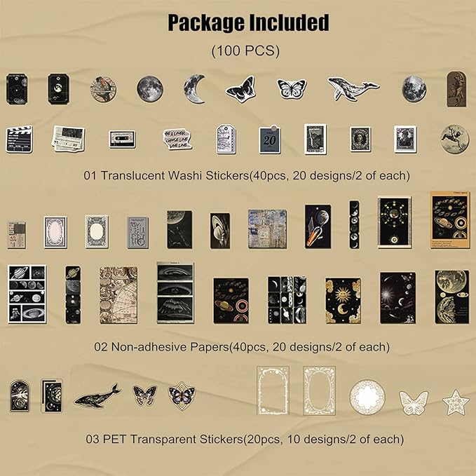 Esweny 100 PCS Vintage Ephemera Pack Journaling Scrapbooking Supplies Scrapbook Sticker Paper Kit for Junk Journal Planners Collage Craft Notebooks Decoupage Album (Space)