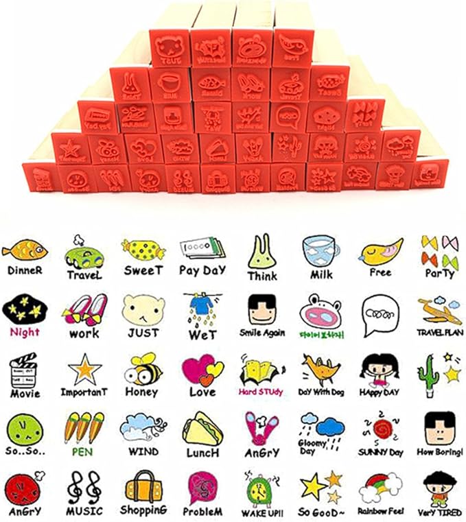 Diary Stamp Set,Wooden Rubber Signet for Children DIY Scrapbooking Planner Card Making(40pcs,Happy Day)