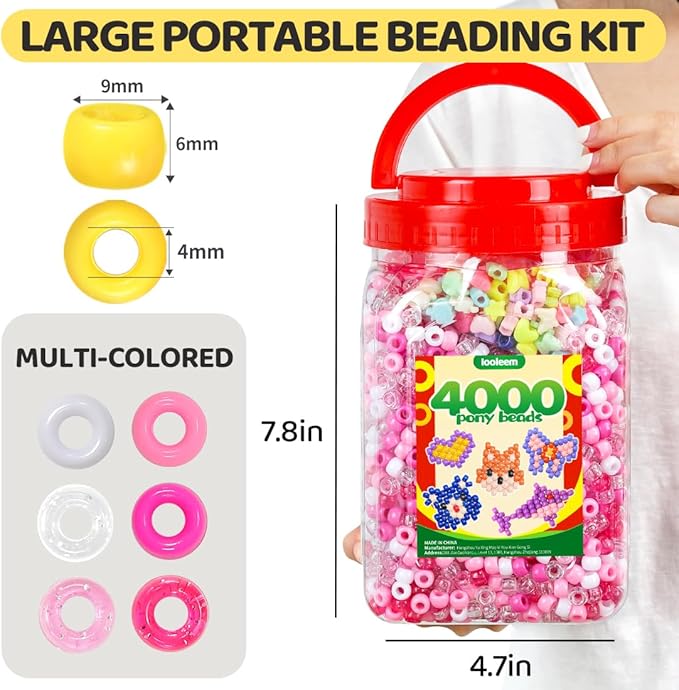iooleem pink solid & glitter bulk pony beads - 4000pc kit for friendship bracelets & jewelry making, easy storage