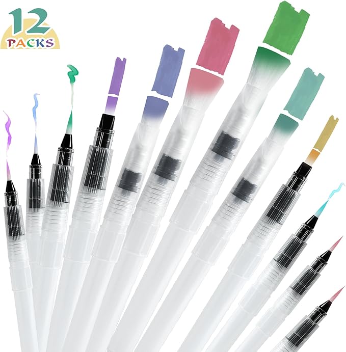 Junreox 12Pcs Watercolor Brush Pens, Premium Leakproof Water Brush Pen with 6 Assorted Tips for Aquarelle, Gouache, Acrylics, Refillable Paint Pens, Arts Value Set