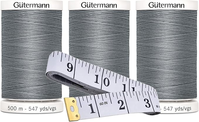 Gutermann Sew-All Thread (500m/547yd Each), 3-Pack Bundle with Bella's Crafts Soft Tape Measure (Slate - 110)