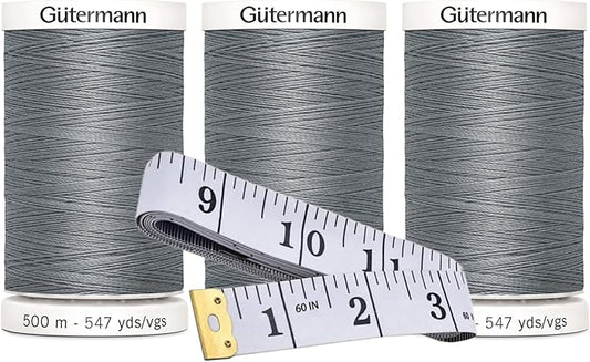 Gutermann Sew-All Thread (500m/547yd Each), 3-Pack Bundle with Bella's Crafts Soft Tape Measure (Slate - 110)
